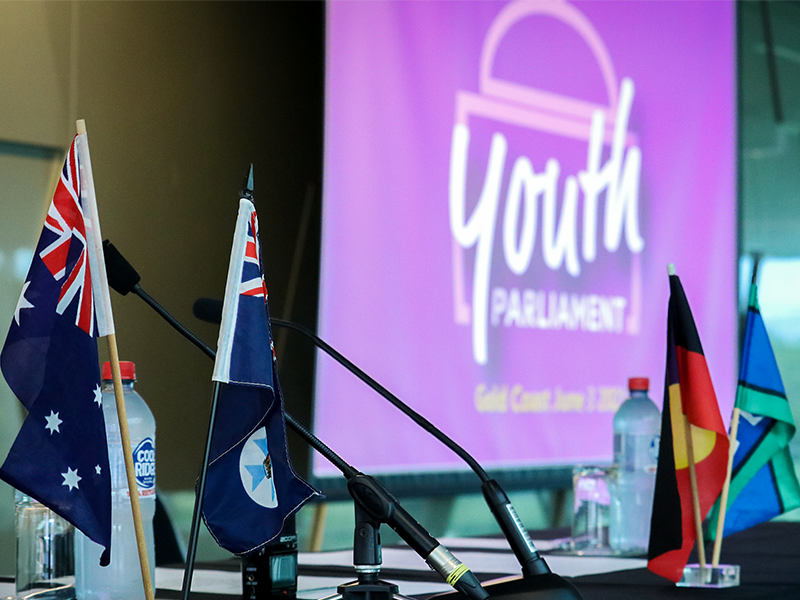 Flags with Youth Parliament sign in background