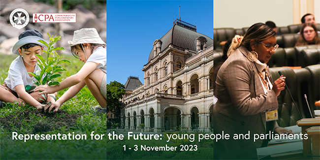 Triptych image of young people planting a tree; Queensland Parliament House and an Indigenous person speaking at a Youth Parliament 