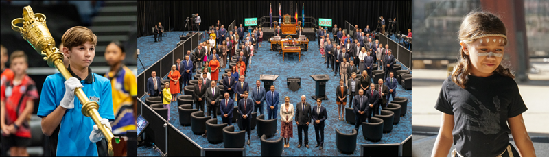 triptych of FNQ Regional Sitting of Parliament: Cairns Youth Parliament boy holding the mace; group photo of all Members of Parliament; and young girl performing the cultural welcome